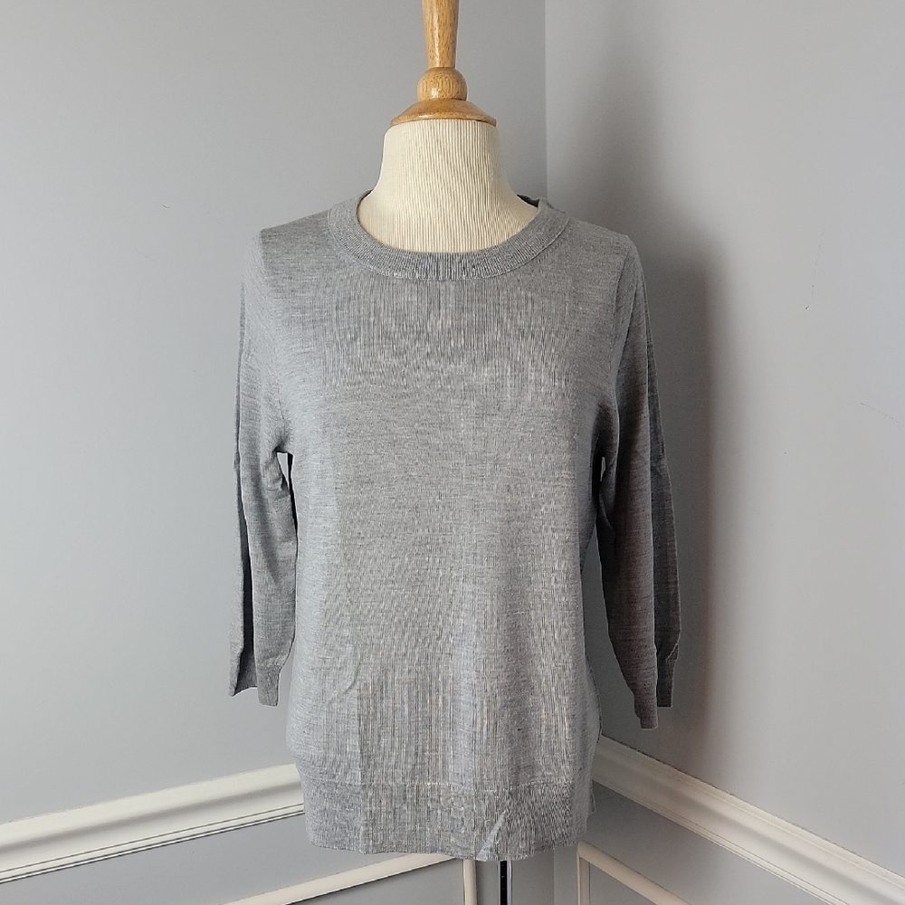 J.CREW 100% Wool Light Gray 3/4 Sleeve Preppy Office Capsule Crewneck Sweater L